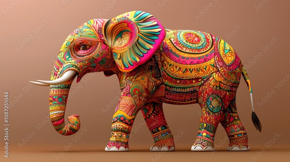 Wall mural A vibrant artistic depiction of an elephant adorned with traditional decorations, celebrating cultural significance and beauty