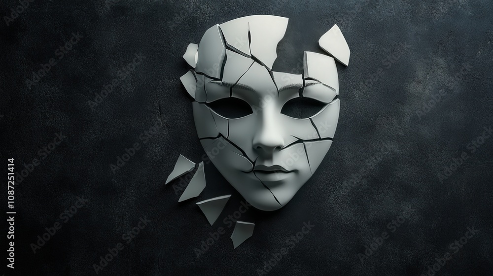 Poster a fractured mask representing identity and emotion, symbolizing inner struggles and the complexity o