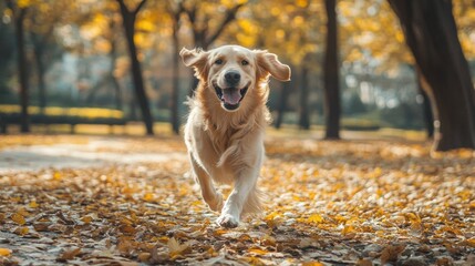 Happy golden retriever with ears flapping runs through a serene autumn park, fallen leaves scattering around.