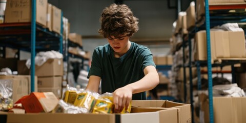 Fototapeta premium A young person volunteering at a food bank, packing boxes with groceries