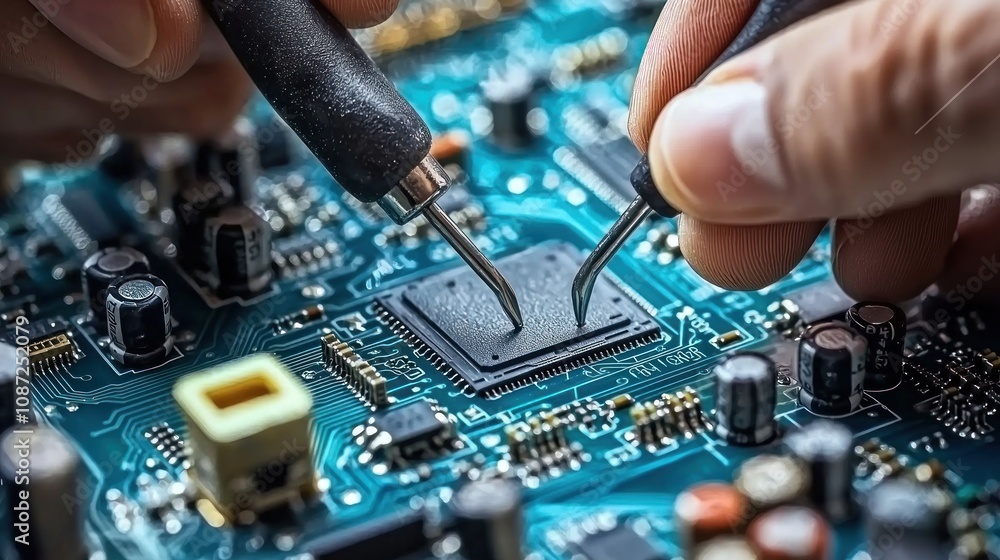 Poster a technician working on repairing an electronic circuit board, using specialized tools to fix and ma