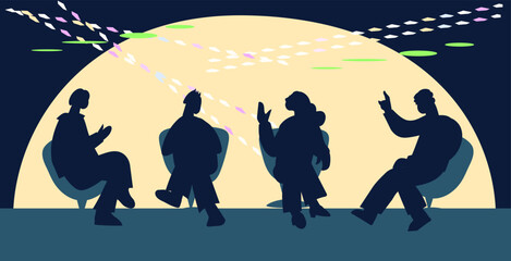 Silhouettes of people discussing at conference or forum, business event or speaking on talk show. Banner with speakers taking part in public discussions or debates, vector illustration.