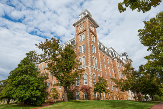 The Old Main clock tower, the oldest building on the University of Arkansas campus, USA - Powered by Adobe