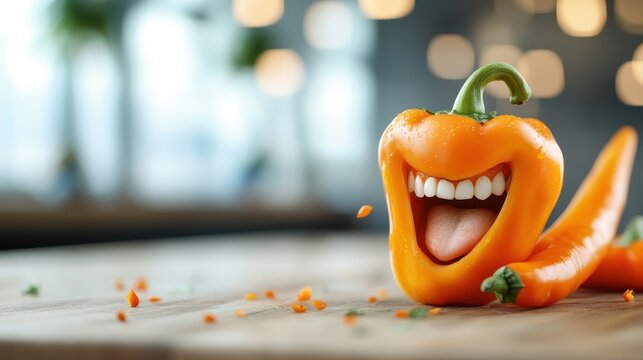 A vibrant orange bell pepper is creatively designed with a cartoon-style wide-mouth smile and teeth on a textured wooden surface, exuding joy and whimsy.