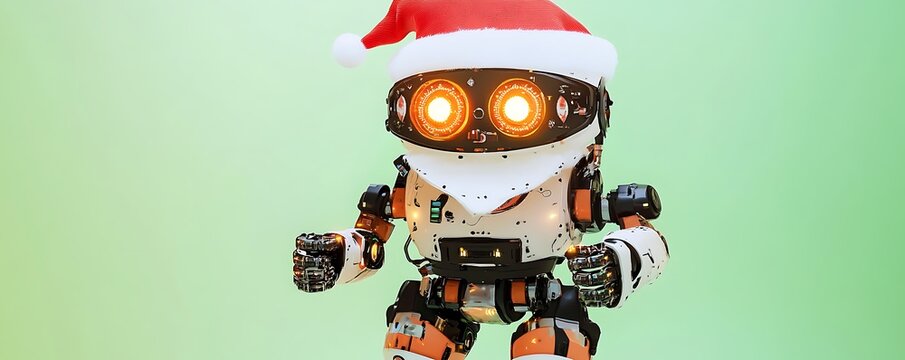 Christmas-Themed Robot Santa with LED Lights on Pastel Green Background