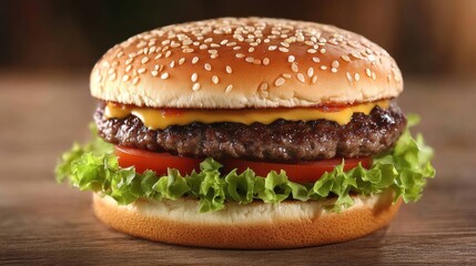 Juicy cheeseburger with lettuce and tomato served on a wooden table during lunchtime