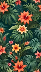 Fotobehang Tropical exotic pattern with animal and flowers in bright colors and lush vegetation © Meditelle