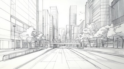 Pencil Sketch of a City Street with Tall Buildings and Trees