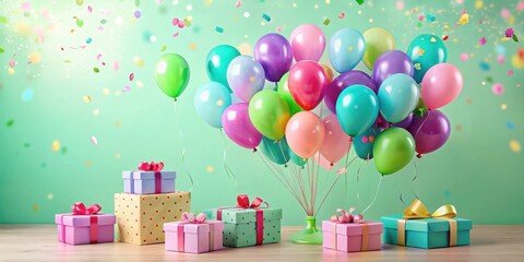 A festive arrangement of colorful balloons and wrapped presents, symbolizing joy, celebration, and the anticipation of a special occasion.