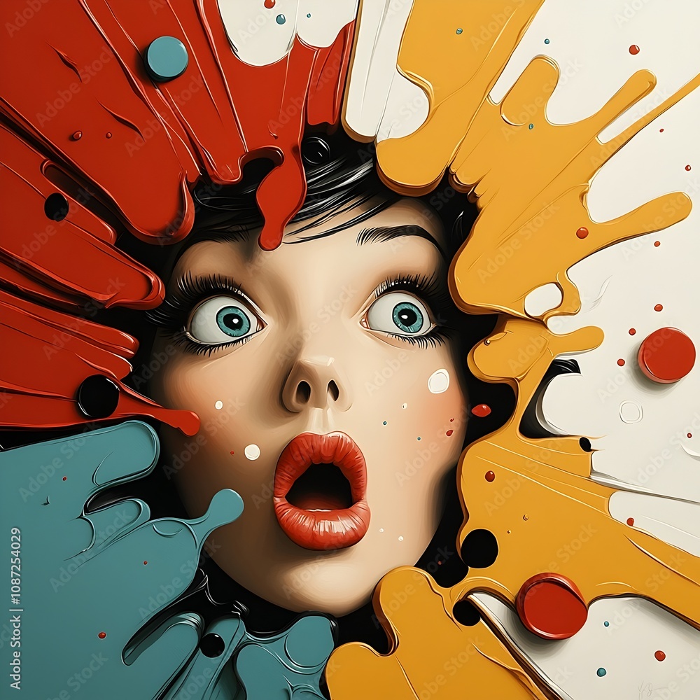 Poster retro pop art portrait of a woman with a range of exaggerated caricatured facial expressions created