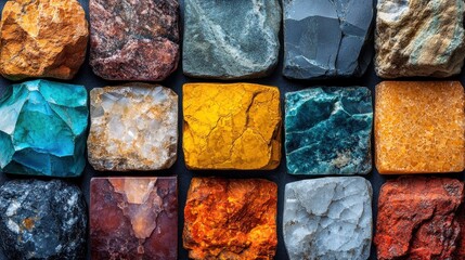 A collection of colorful natural stones and minerals displayed neatly.