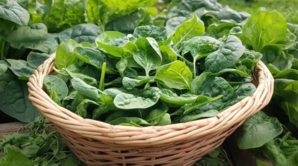 Fresh organic spinach leaves in a basket, perfect for nutritious leafy green salads and healthy meals.