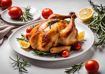 Delicious roasted turkey with rosemary, tomatoes, garlic, and lemon on white plate.