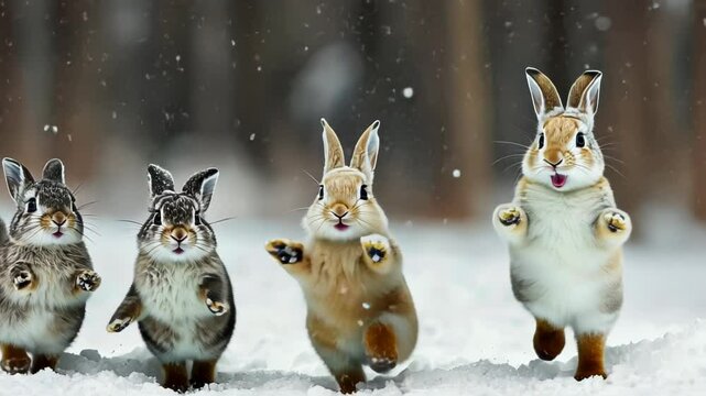 Four Adorable Bunnies Hopping in Winter Wonderland