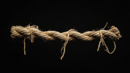 Old, damaged rope with frayed ends, contrasting sharply against a black background, symbolizing wear and strain.