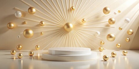 Abstract Minimalist 3D Rendering Featuring a White Platform and Golden Spheres Suspended in a Soft Beige Radiating Pattern