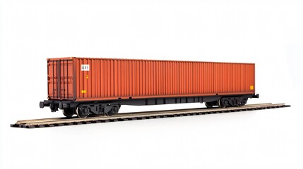 Fototapeta premium Isolated Orange Intermodal Freight Train Car on White Background: Logistics, Transport, and Supply Chain Imagery