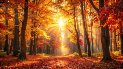 Fototapeta premium Autumnal Sunlight Illuminates a Pathway Through a Majestic Forest of Vibrant Fall Colors
