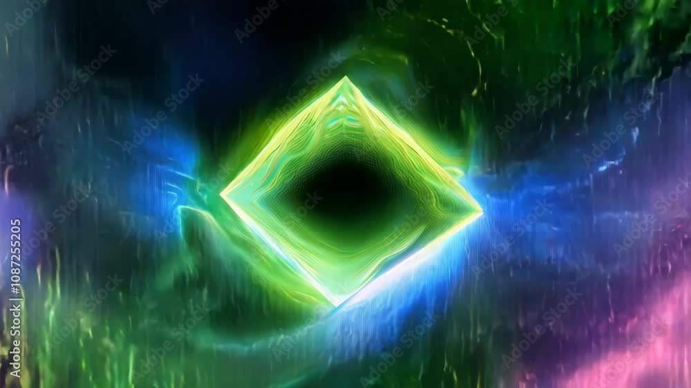 Poster glass cube with visible digital circuits is changing its shape, becoming gradually a glowing frame, 