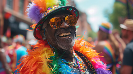 Happy senior gay black man laughing wearing a rainbow feather drag costume. Inclusive pride concept