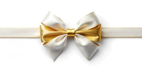 Fototapeta premium Elegant Cream and Gold Satin Ribbon Bow on White Background