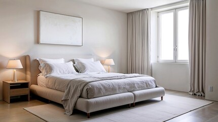 A minimal and essential Scandinavian bedroom interior design featuring a neutral palette of grey and beige tones and natural light