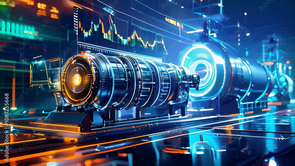Poster futuristic technology engine with neon lights and data visualization. bright digital scene of innova