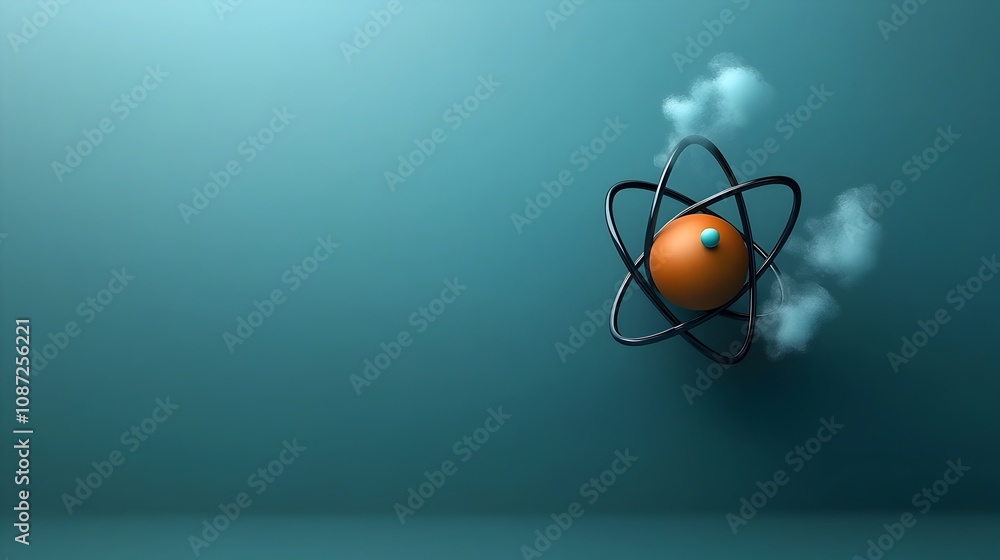 Poster minimalist 3d rendering of hydrogen atom symbolic depiction of nuclear structure and orbiting electr