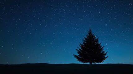 Fototapeta premium Silhouette of a glowing Christmas tree beneath a serene, starry night sky, exuding holiday warmth and charm.