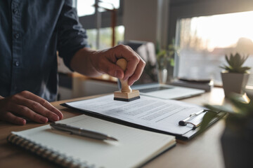 Fototapeta premium Man stamping approval on financial, banking, or investment documents at his desk official paperwork. rubber stamp with contract law and business documentation for legal agreements financial