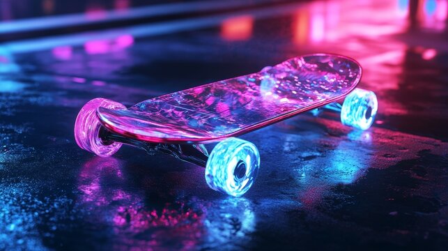 Neon Holographic Skateboard with Transparent Design