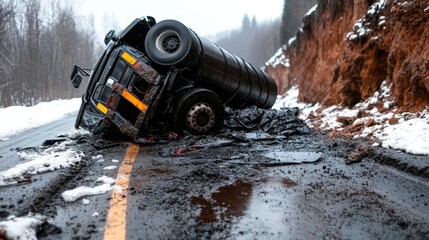 An overturned tanker spilling contents onto a snowy roadside highlights the dangers posed by difficult driving conditions and the urgency of environmental safety.