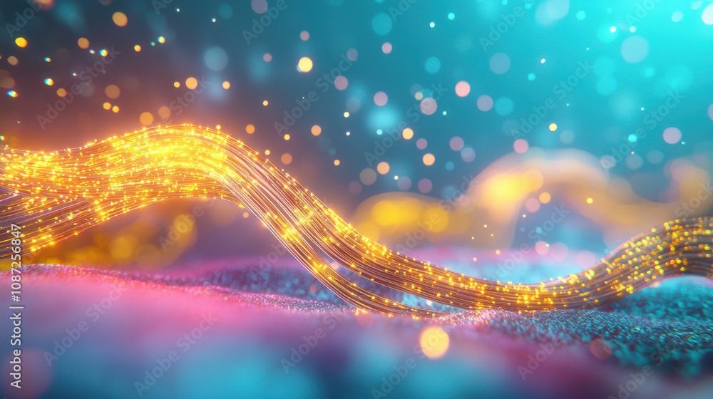 Poster vibrant 3d rendered underwater scene with glowing fiber optic strands, creating mesmerizing and colo