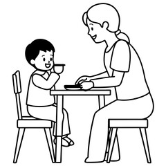 mother feeds boy sitting in child
