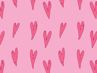 Flat vector illustration features a playful pattern of heart shapes in various sizes. The hearts are drawn in pink on a soft pink background, creating a warm, repetitive design.