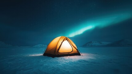 A warmly lit tent stands under a breathtaking starry sky with a soft aurora, surrounded by pristine snow. The scene captures solitude and the beauty of nature.