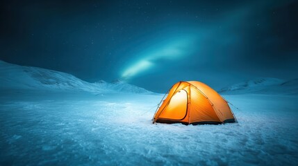 An illuminated orange tent set against the vast snowy terrain under the mesmerizing northern lights, evoking freedom and wonder in a pristine wilderness landscape.