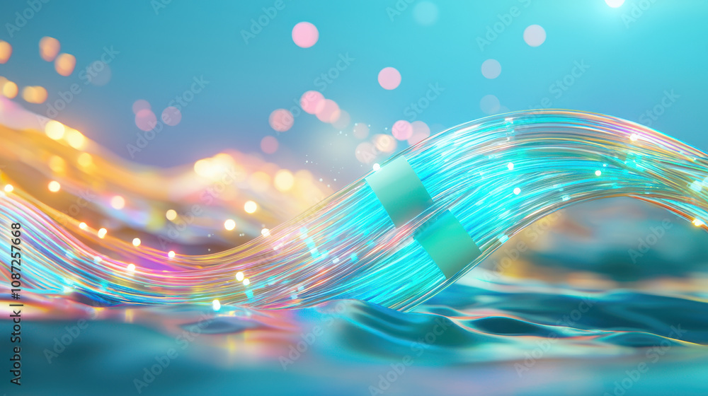 Poster 3d rendered view of glowing fiber optic cables with vibrant colors and bokeh effect, creating futuri