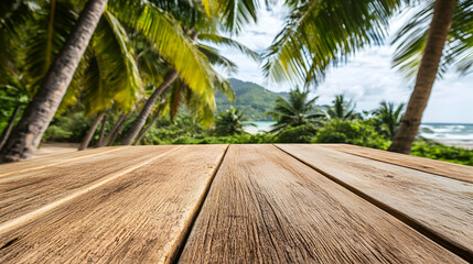 Wooden table overlooking a tropical beach paradise with palm trees and ocean. Perfect for product display or travel brochure.