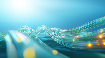 3D rendered view of glowing fiber optic cables, showcasing vibrant blue and green hues, symbolizing high speed data transmission and connectivity