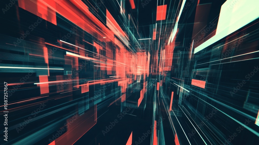 Poster abstract digital landscape with vibrant colors and dynamic lines suggesting movement and technology.