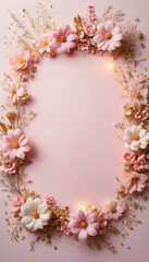 Engagement Party festive background with pink and gold tones and small flowers, with empty space in the middle for placing a product or writing greetings or writing invitation