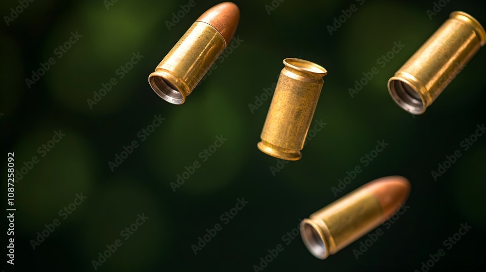 Poster Dynamic Shotgun Shells in Freefall - Captivating Motion Blur and Metallic Reflections Against Dark Background