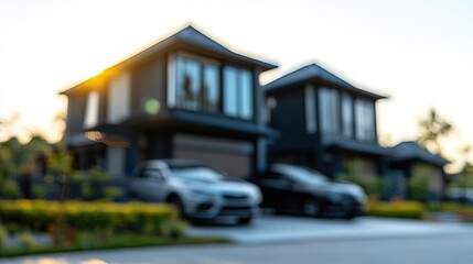 Concept of buying real estate, mortgages, car loan, banking services. Blurred background of cottage with garage and two cars