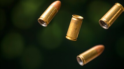 Fototapeta premium Dynamic Shotgun Shells in Freefall - Captivating Motion Blur and Metallic Reflections Against Dark Background