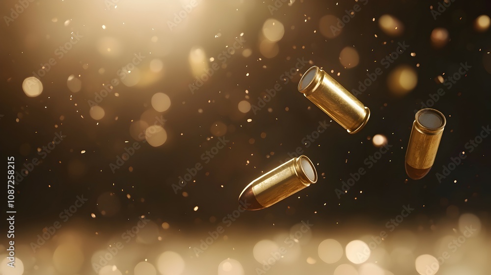 Poster Dynamic Shotgun Shells in Freefall - Captivating Motion Blur and Metallic Reflections Against Dark Background for Action and Adventure Themes