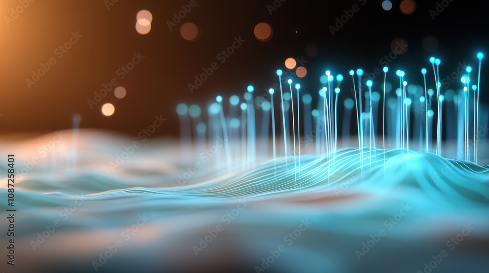 Poster 3d rendered scene of glowing fiber optic lines stretching across wavy surface, creating futuristic a