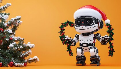 Cyber Robot Santa with Christmas Garland on Festive Orange Background