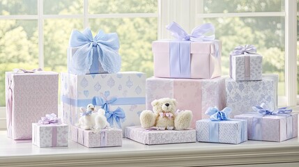 A pastel-colored gift wrapping station with soft pink, blue, and lavender papers and ribbons.