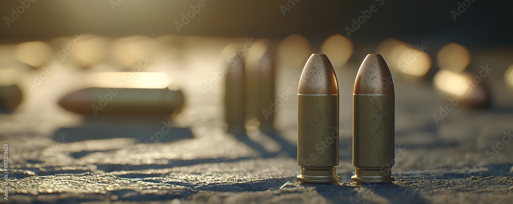 Poster shotgun shells on rugged stone surface - dramatic shadows and distinct textures captured in unique c